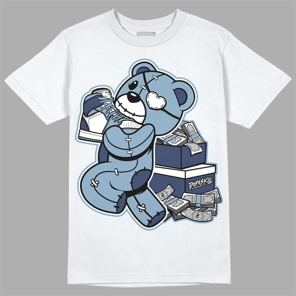 Jordan 1 Mid Diffused Blue DopeSkill T-Shirt Bear Steals Sneaker Graphic Streetwear - White 