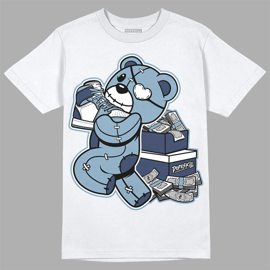 Jordan 1 Mid Diffused Blue DopeSkill T-Shirt Bear Steals Sneaker Graphic Streetwear - White 