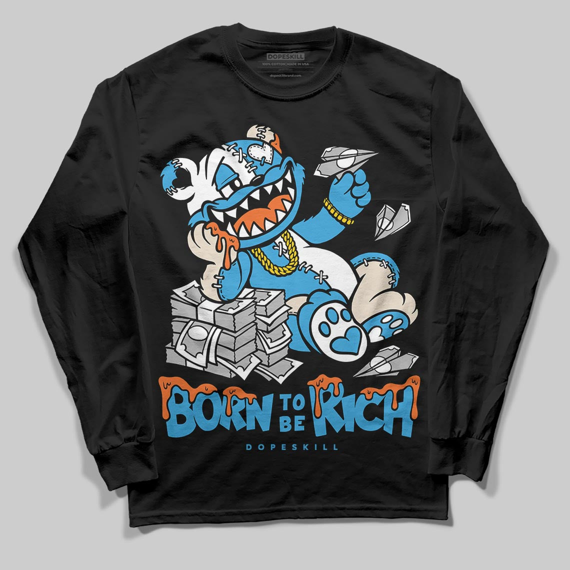 Jordan 1 High OG “UNC” Reimagined DopeSkill Long Sleeve T-Shirt Born To Be Rich Graphic Streetwear - Black
