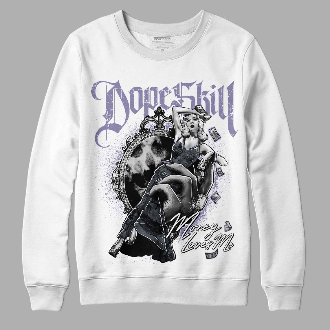 Jordan 5 Retro Low Indigo Haze DopeSkill Sweatshirt Money Loves Me Graphic Streetwear - White