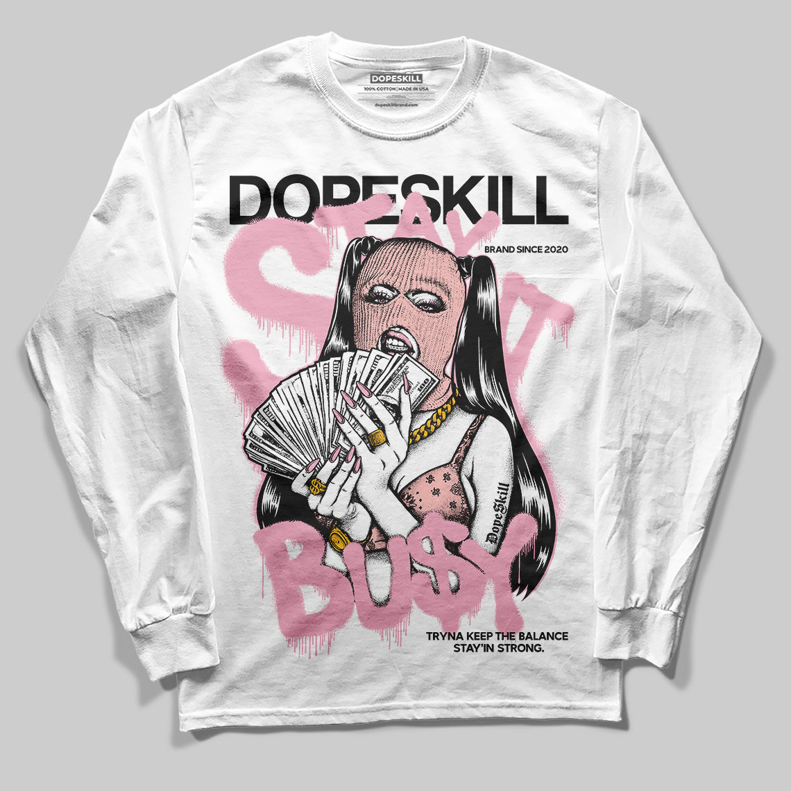 AMIRI White & Pink Stars Court Sneakers DopeSkill Long Sleeve T-Shirt Stay It Busy Graphic Streetwear - White