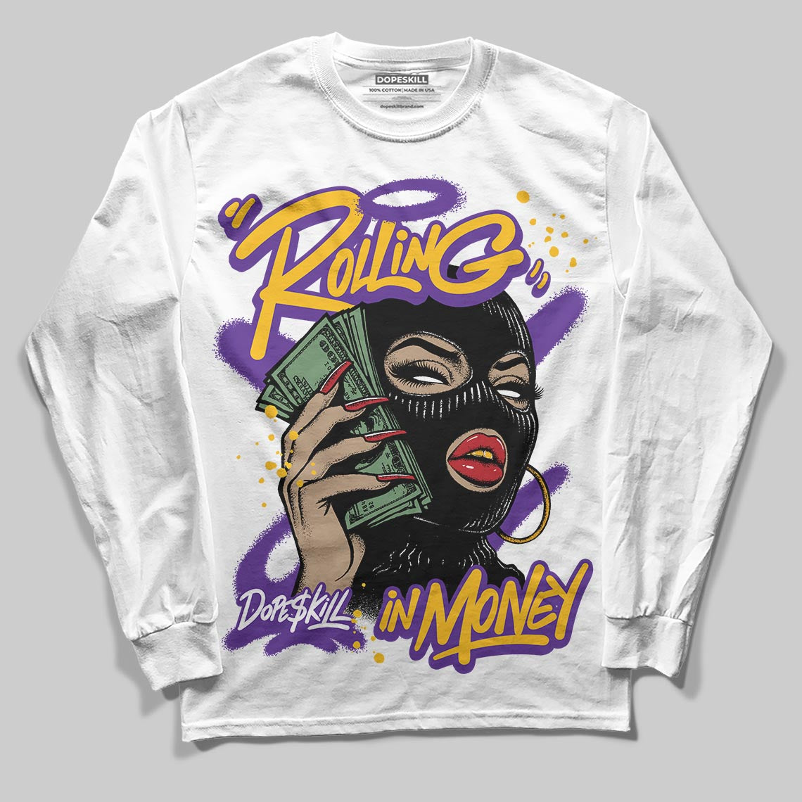 PURPLE Sneakers DopeSkill Long Sleeve T-Shirt Rolling in Money Graphic Streetwear - White