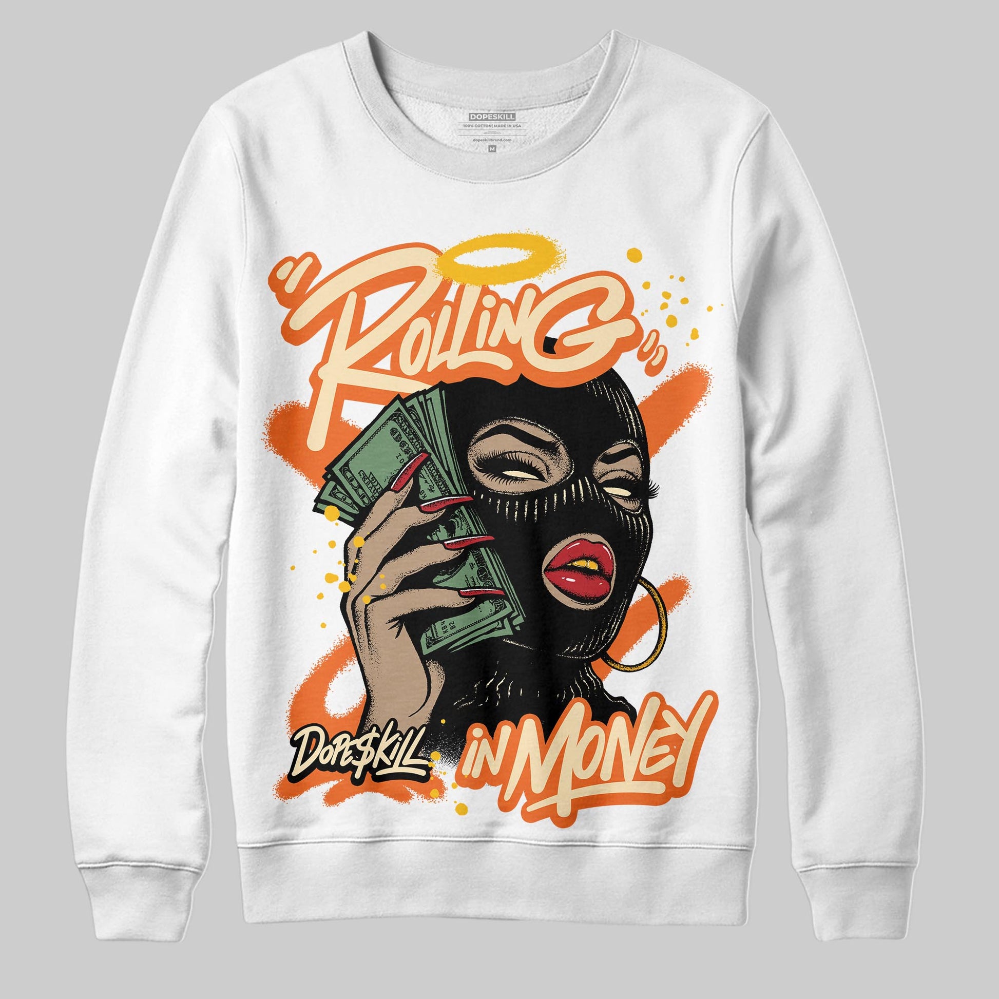 Orange, Black and White Sneakers DopeSkill Sweatshirt Rolling in Money Graphic Streetwear - White