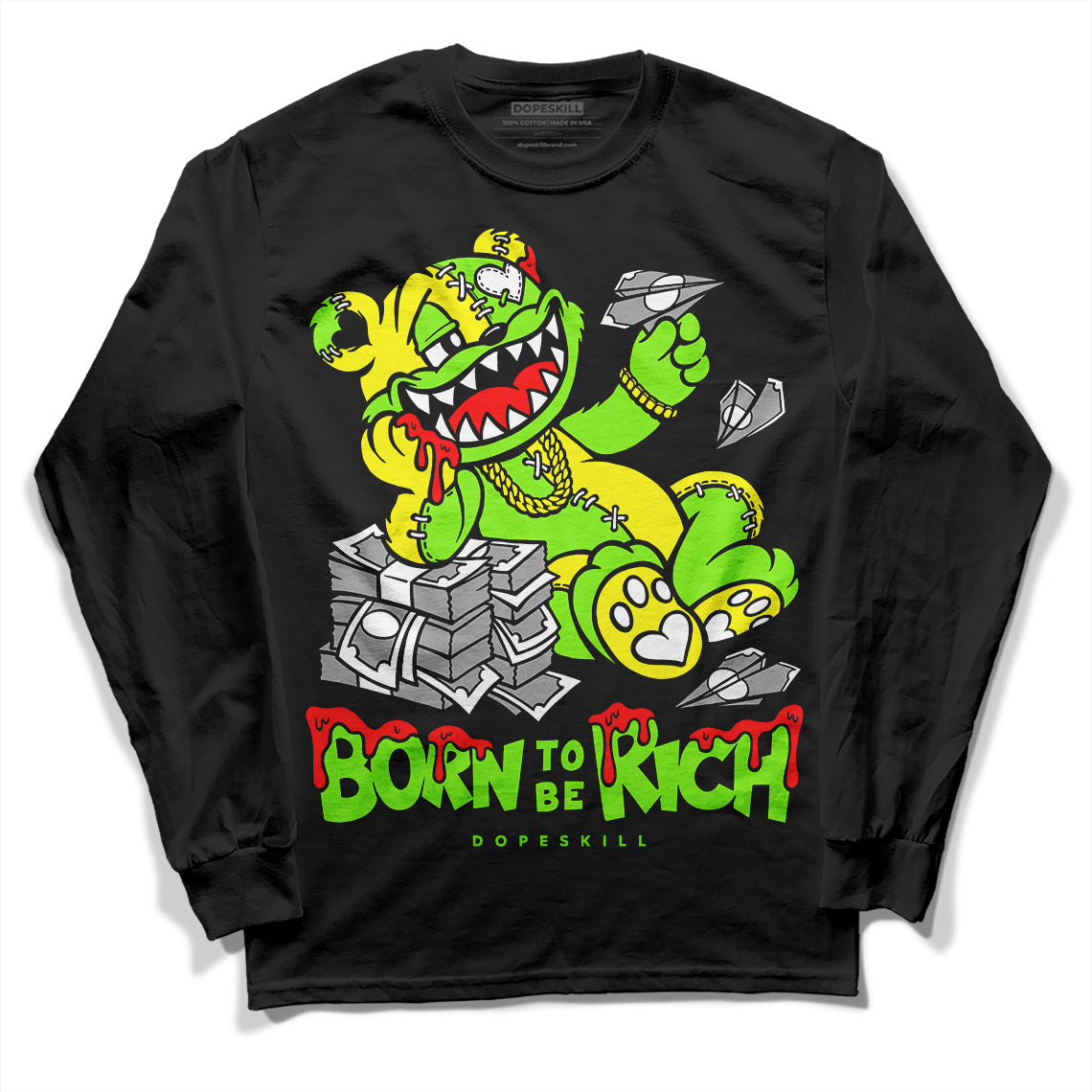 Neon Green Sneakers DopeSkill Long Sleeve T-Shirt Born To Be Rich Graphic Streetwear - Black