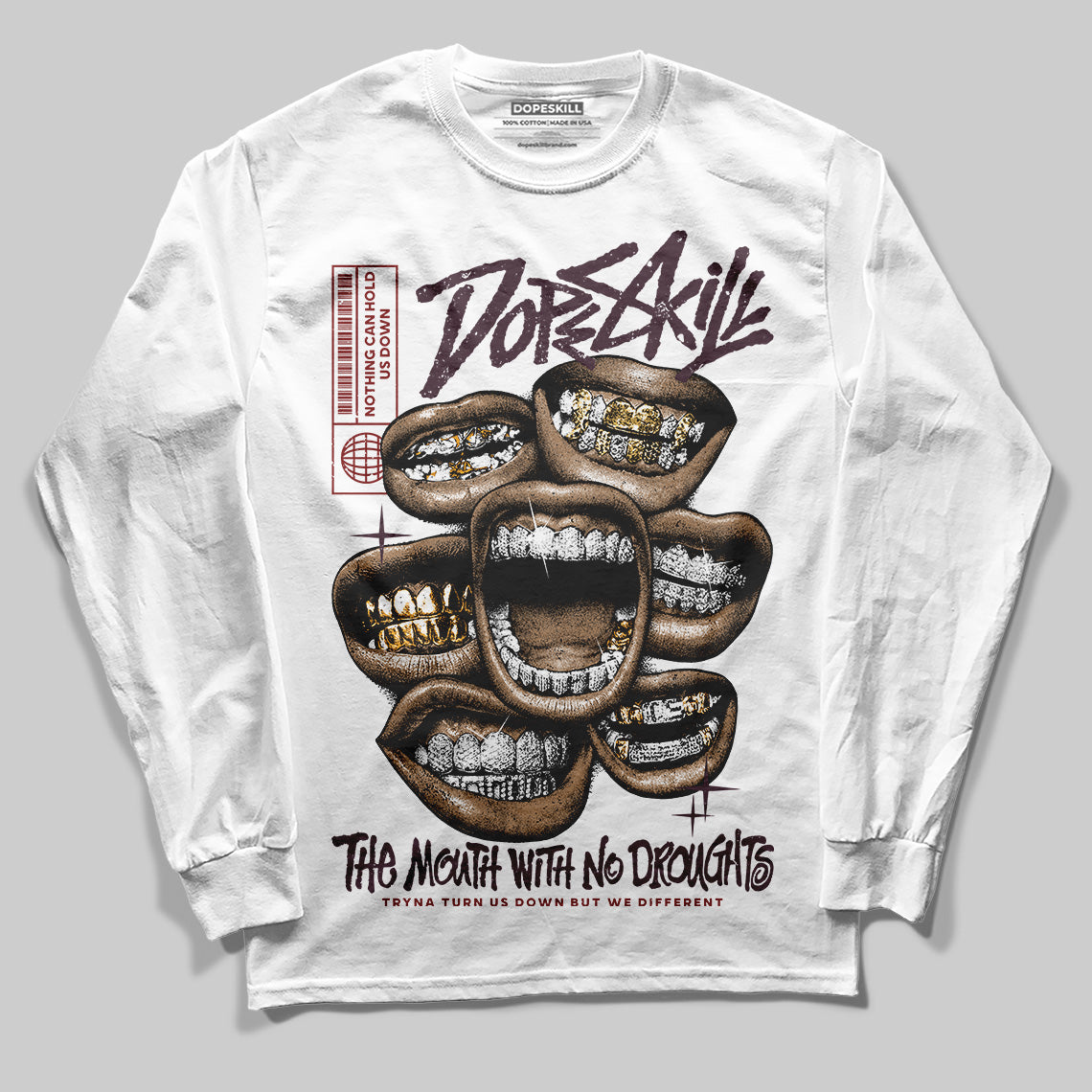 Adidas Samba OG Maroon Gold Metallic DopeSkill Long Sleeve T-Shirt The Mouth With No Droughts Graphic Streetwear - White