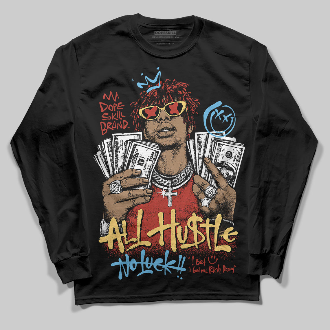 Black and White Sneakers DopeSkill Long Sleeve T-Shirt All Hustle No Luck Graphic Streetwear - Black