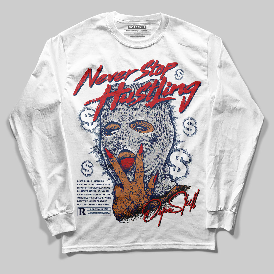 Jordan 4 SB “Summit White/Navy” DopeSkill Long Sleeve T-Shirt Never Stop Hustling Graphic Streetwear - White