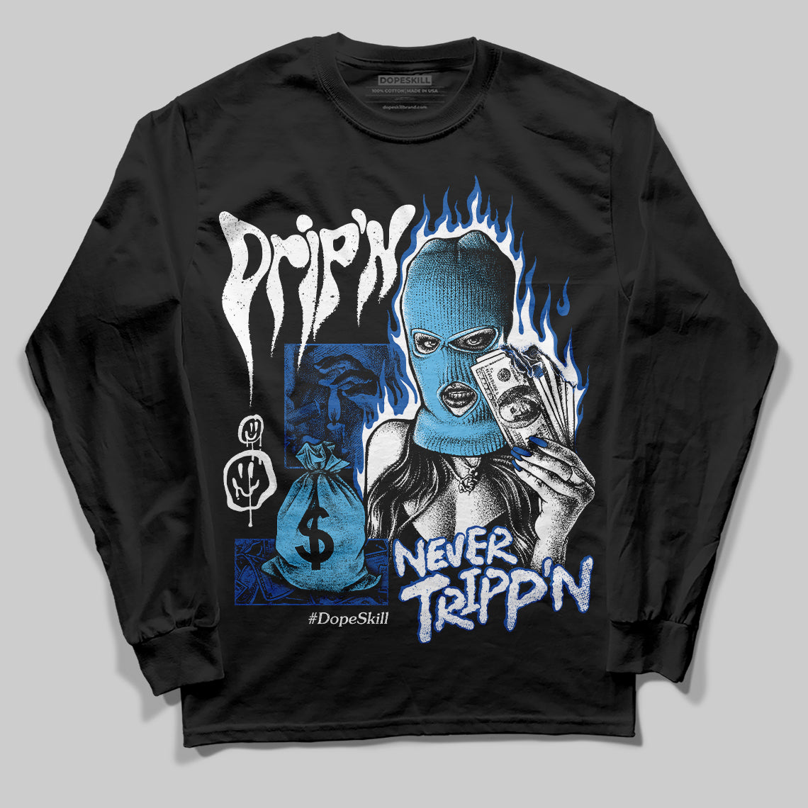 Jordan 12 “Blueberry” DopeSkill Long Sleeve T-Shirt Drip'n Never Tripp'n Graphic Streetwear - Black