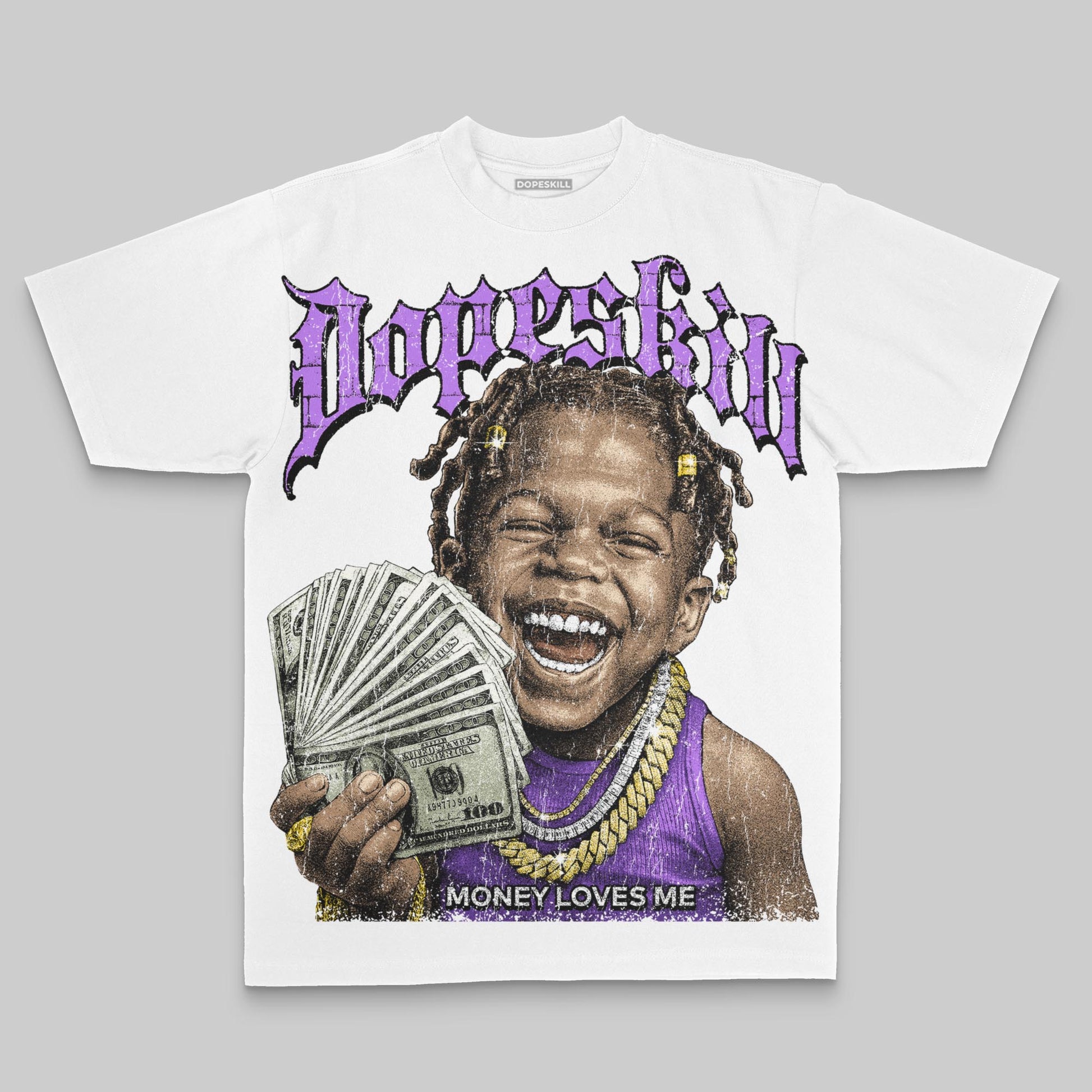 Purple Oversize Print Money Loves Me DopeSkill Graphic Premium T-shirt Streetwear - White