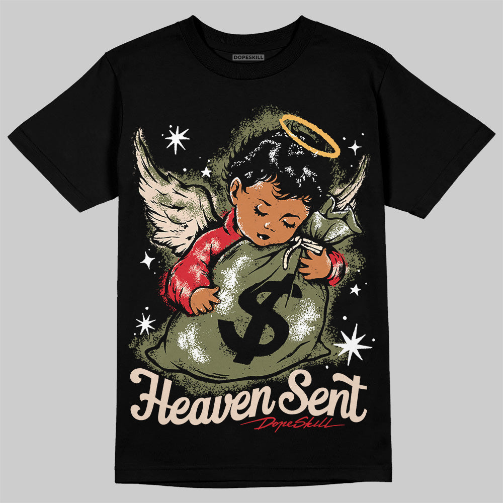 Travis Scott x Jordan 1 Medium Olive DopeSkill T-Shirt Heaven Sent Graphic Streetwear - Black