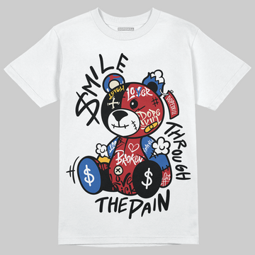Fragment x UNION x Jordan 1 High OG “Varsity Red/Sport Royal” DopeSkill T-Shirt Smile Through The Pain Graphic Streetwear - White