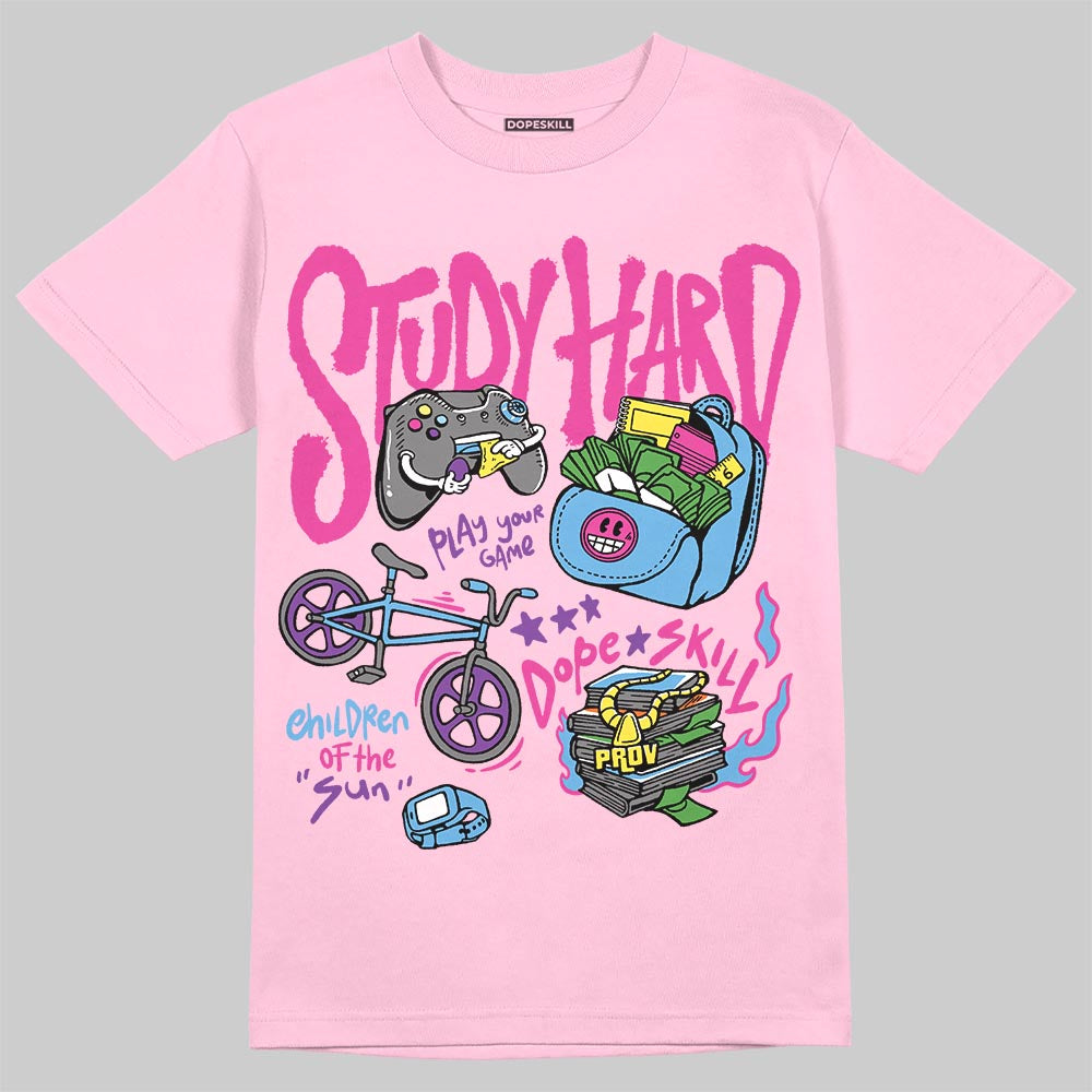 Orange, Black and White Pink Study Hard Graphic Streetwear - Light Pink