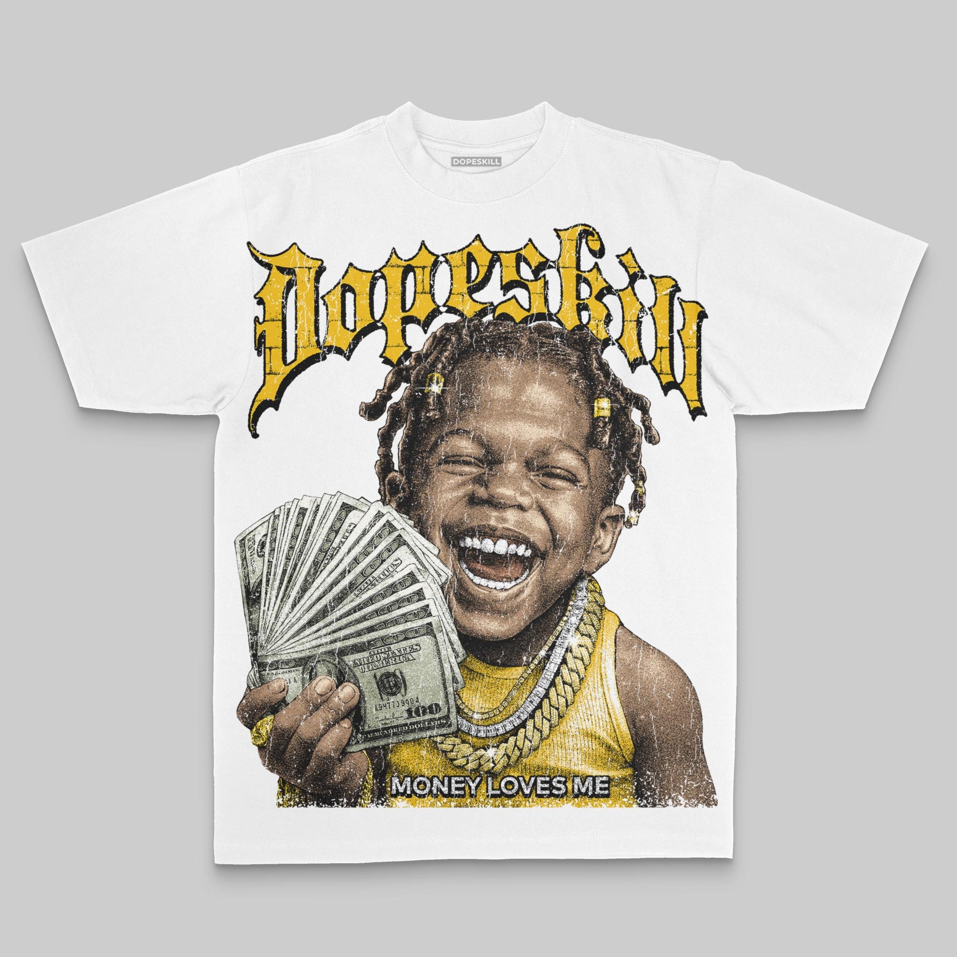 Yellow Oversize Print Money Loves Me DopeSkill Graphic Premium T-shirt Streetwear - White