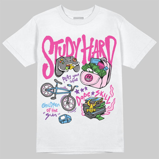 Orange, Black and White Pink Study Hard Graphic Streetwear - White