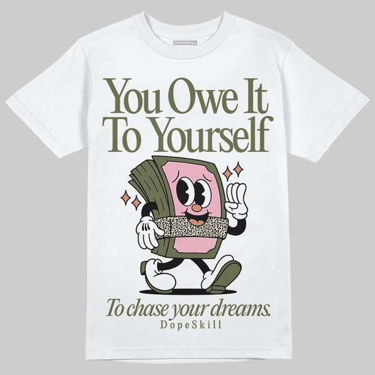 SB Dunk Low Pro x Arts-Rec Skateshop Rust Pink and Rough Green DopeSkill T-Shirt Owe It To Yourself Graphic Streetwear - White