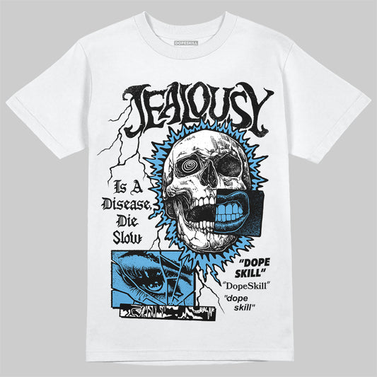 Jordan 14 Retro Black and University Blue DopeSkill T-Shirt Jealousy Graphic Streetwear - White