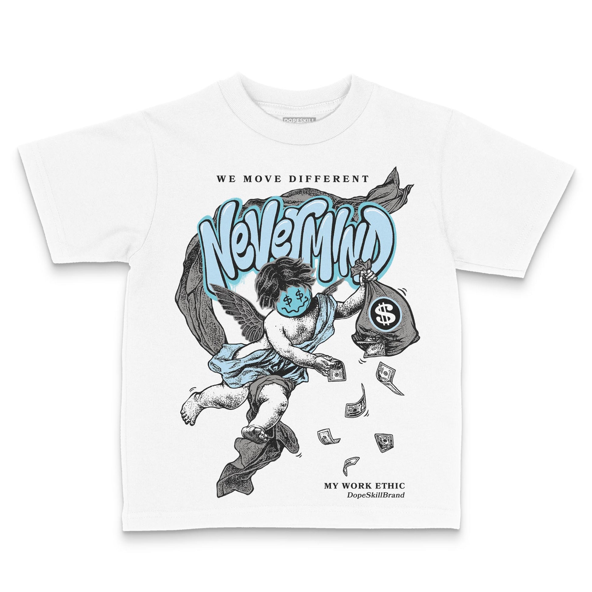Jordan 4 Retro GS “Blue Chill” DopeSkill Toddler Kids T-shirt Nevermind Graphic Streetwear - White 
