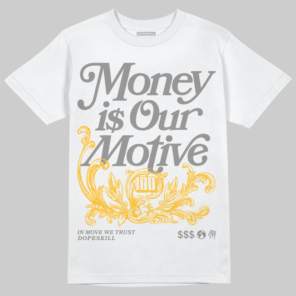 New Balance 9060 Varsity Gold (GS) DopeSkill T-Shirt Money Is Our Motive Typo Graphic Streetwear - White 