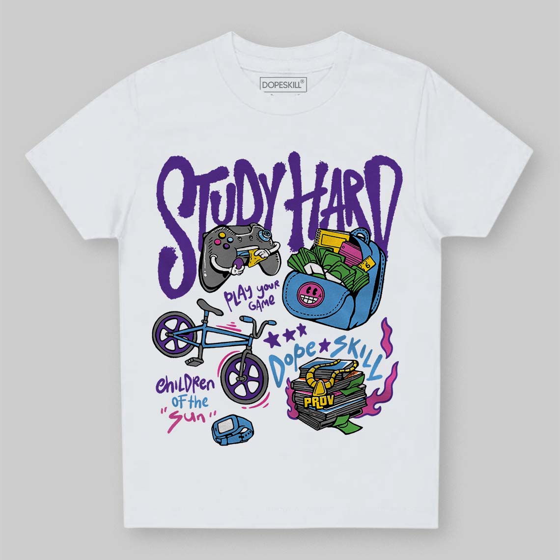 PURPLE Sneakers DopeSkill Toddler Kids T-shirt Study Hard Graphic Streetwear - White