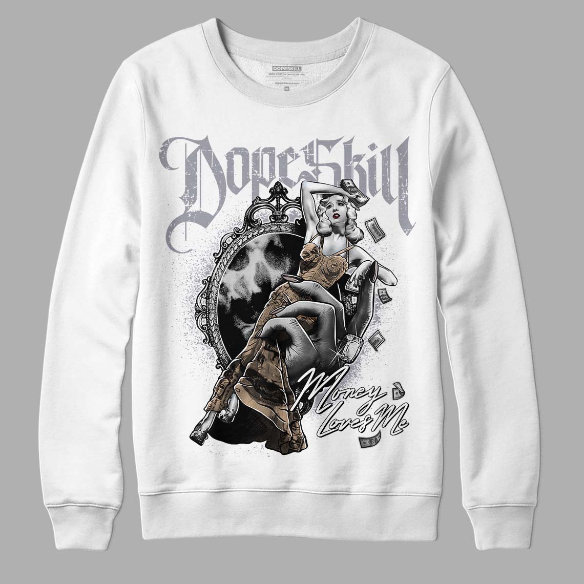 Jordan 4 Retro Frozen Moments DopeSkill Sweatshirt Money Loves Me Graphic Streetwear - White 