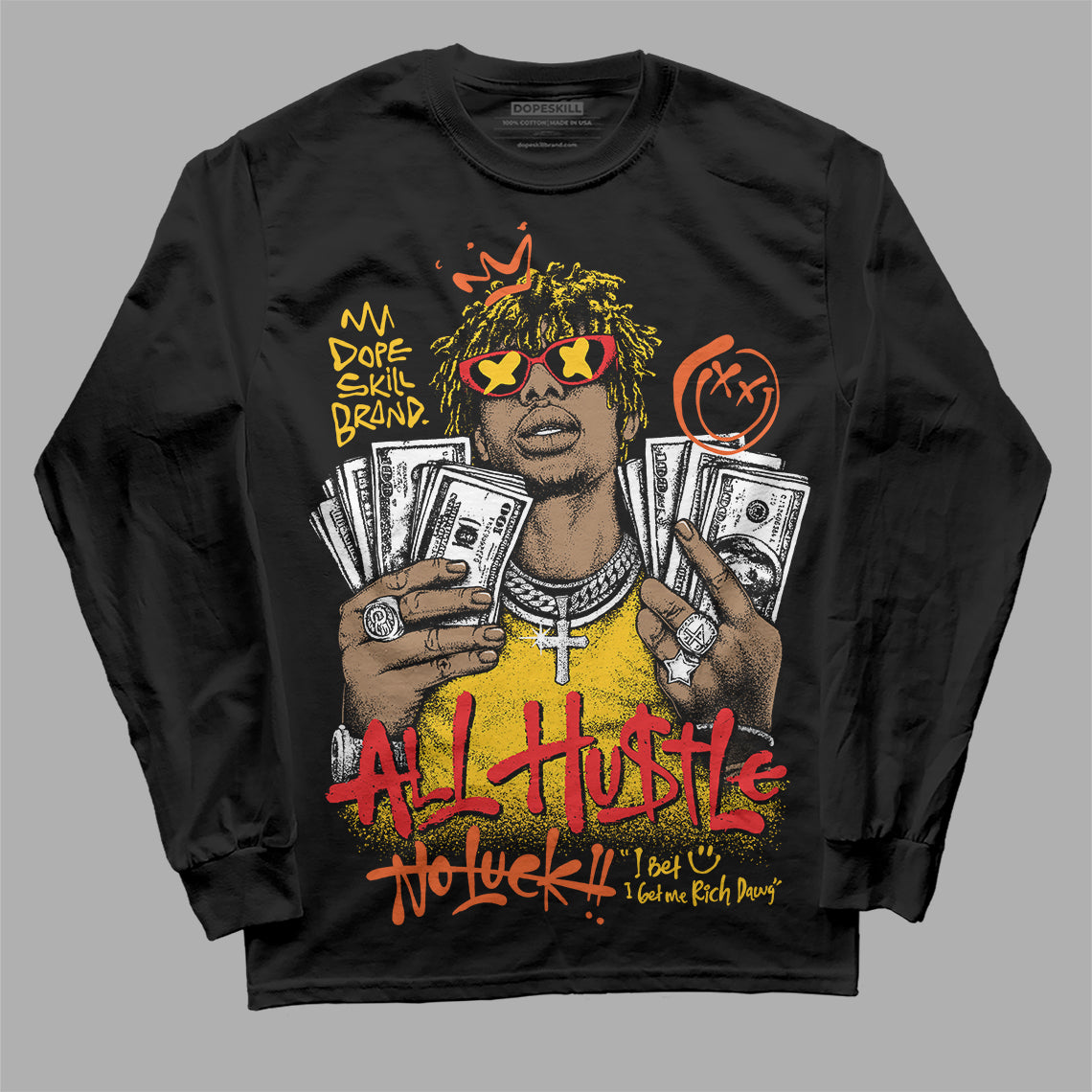 Yellow Sneakers DopeSkill Long Sleeve T-Shirt All Hustle No Luck Graphic Streetwear - Black