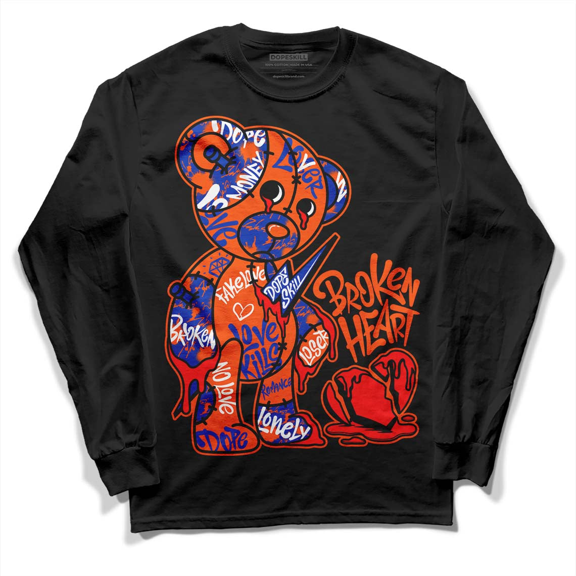 Dunk Low Futura Orange Blaze DopeSkill Long Sleeve T-Shirt Broken Heart Graphic Streetwear - Black