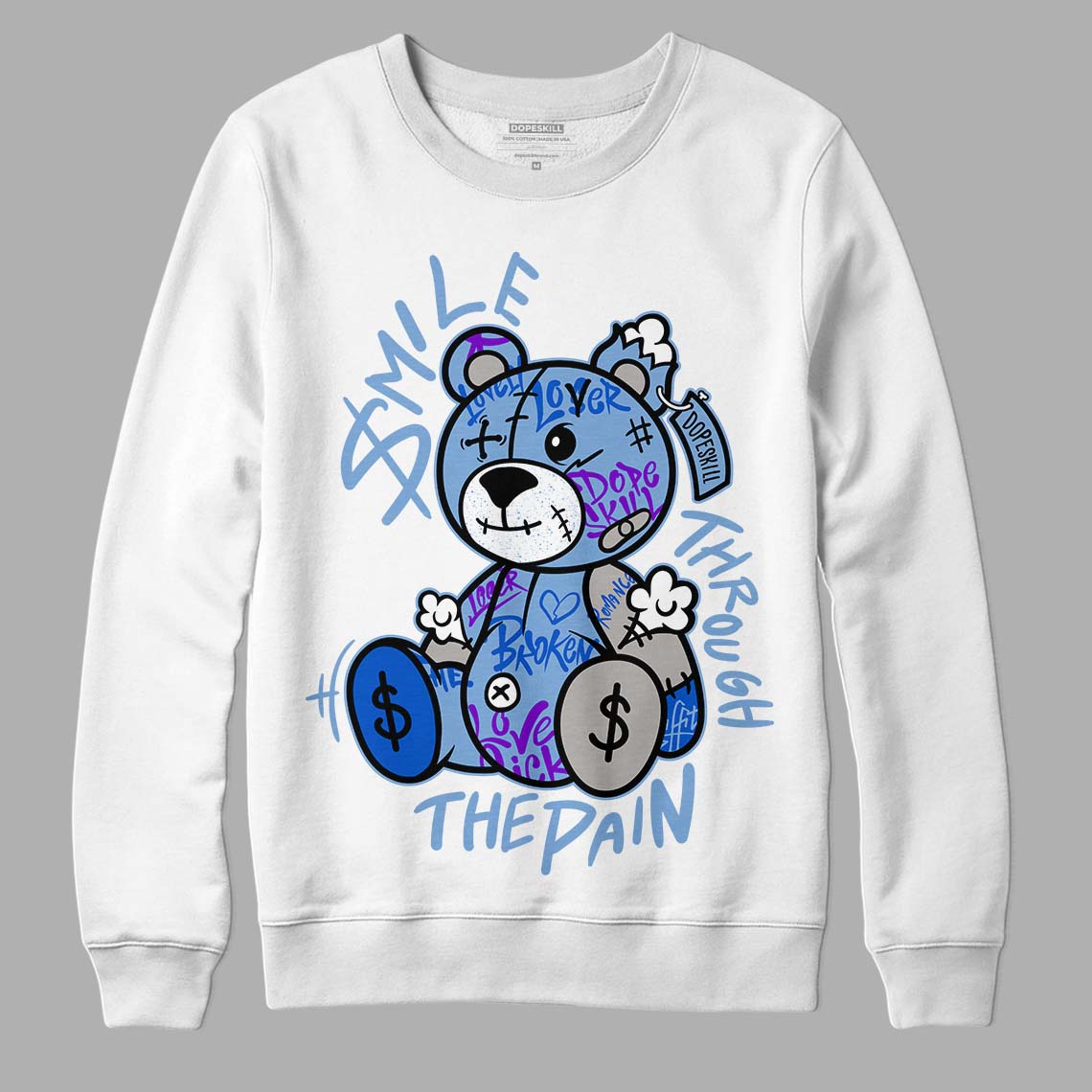 Jordan 5 Retro University Blue DopeSkill Sweatshirt Smile Through The Pain Graphic Streetwear - White 