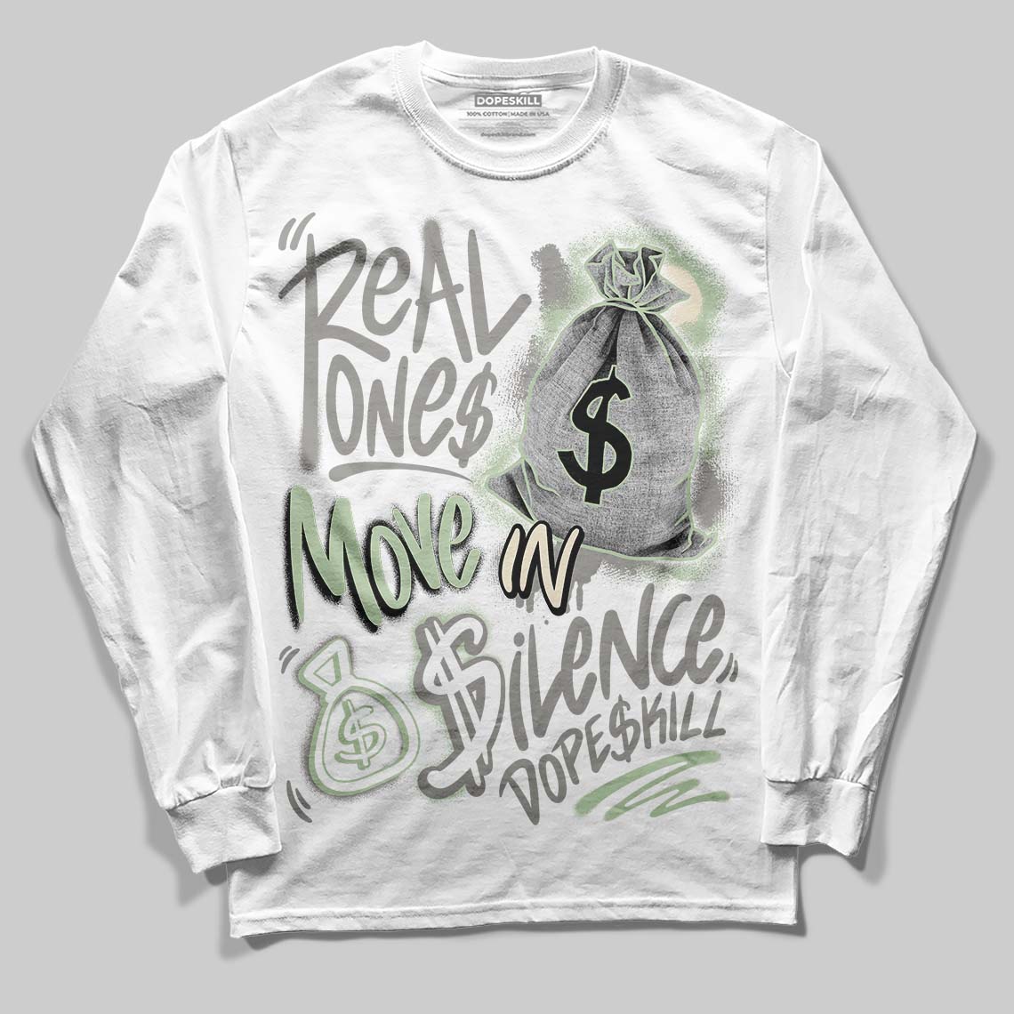 Jordan 4 WMNS “Seafoam” (2025) DopeSkill Long Sleeve T-Shirt Real Ones Move In Silence Graphic Streetwear - White