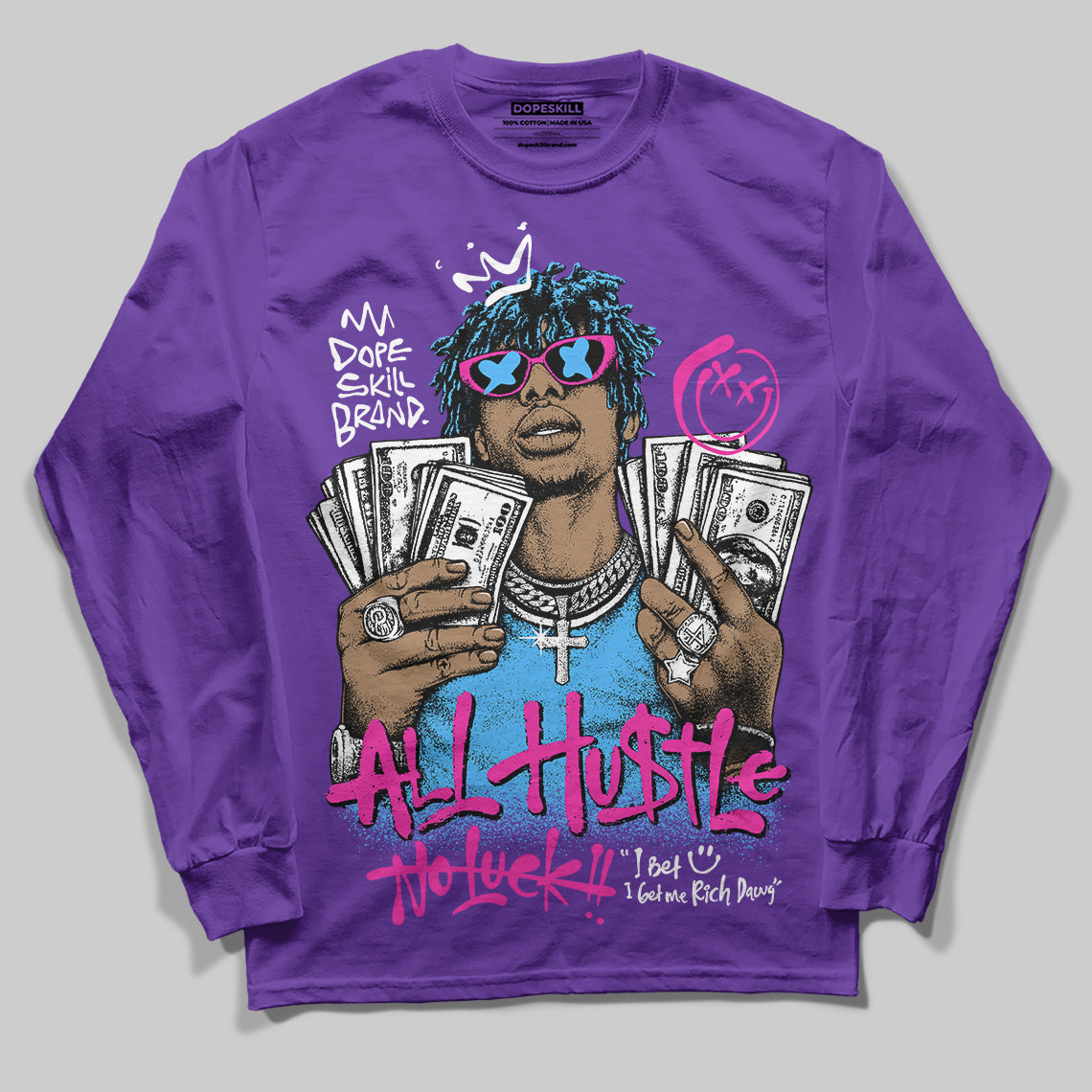 PURPLE Sneakers DopeSkill Long Sleeve T-Shirt All Hustle No Luck Graphic Streetwear - Purple