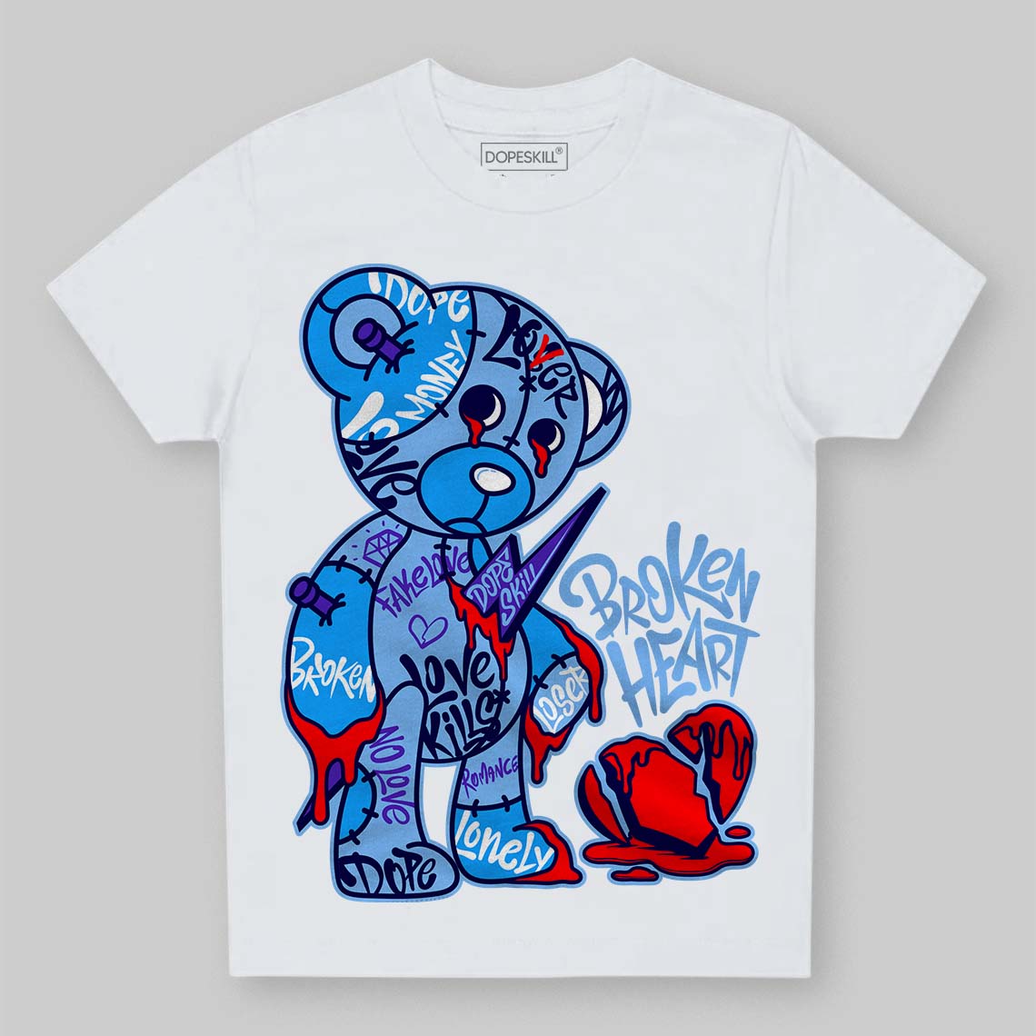 Jordan 6 University Blue DopeSkill Toddler Kids T-shirt Broken Heart Graphic Streetwear - White 