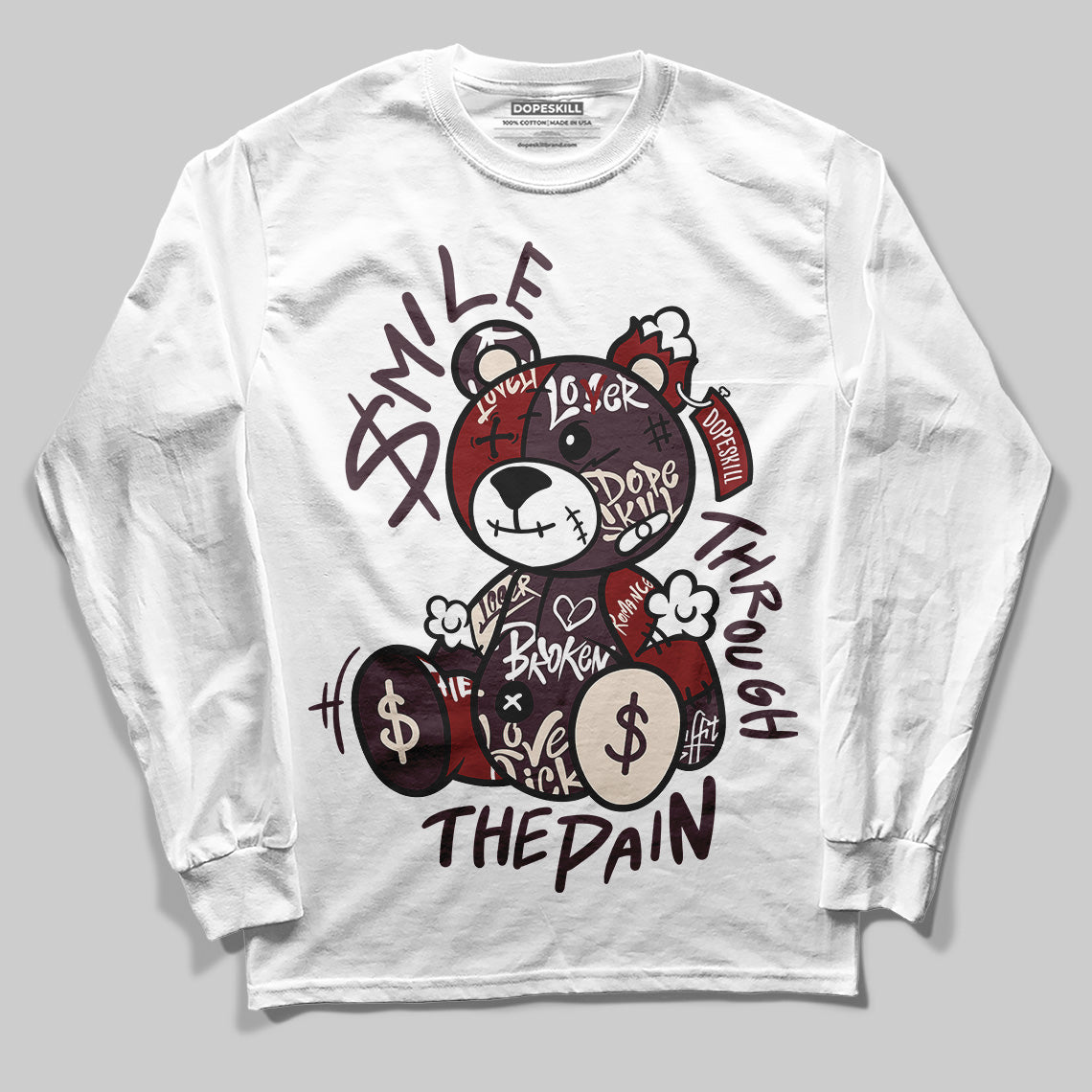 Adidas Samba OG Maroon Gold Metallic DopeSkill Long Sleeve T-Shirt Smile Through The Pain Graphic Streetwear - White