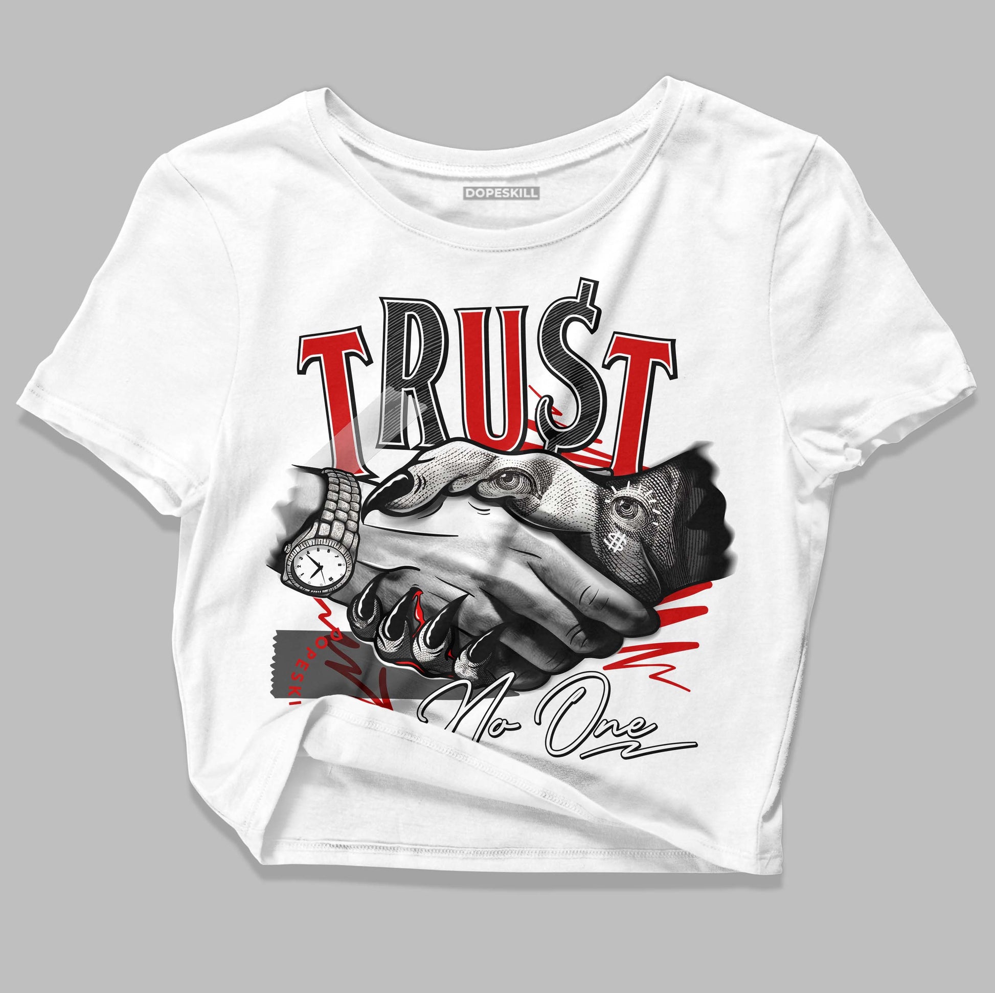 Jordan 1 Retro Low "Black Toe" DopeSkill Women's Crop Top Trust No One Graphic Streetwear - White