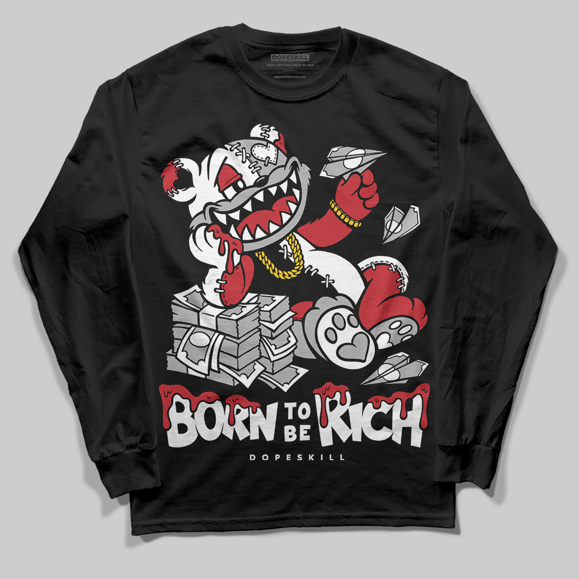 Jordan 11 Retro Low Bred (2025) DopeSkill Long Sleeve T-Shirt Born To Be Rich Graphic Streetwear - Black
