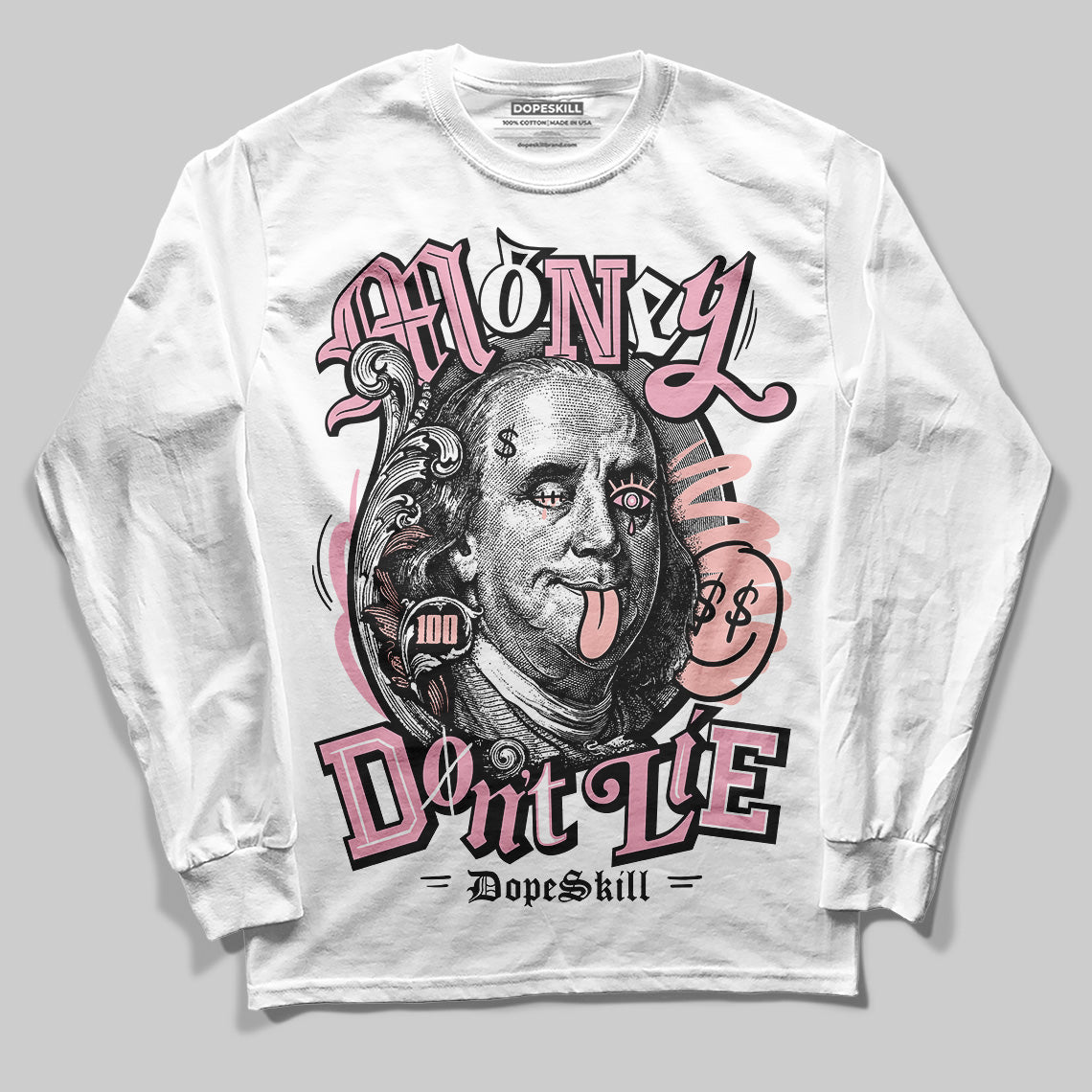 AMIRI White & Pink Stars Court Sneakers DopeSkill Long Sleeve T-Shirt Money Don't Lie Graphic Streetwear - White