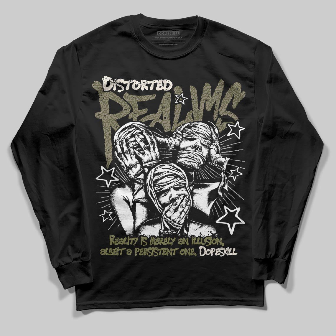 Jordan 3 “Medium Olive” aka “Family Affair” DopeSkill Long Sleeve T-Shirt Distorted Realms Graphic Streetwear - black