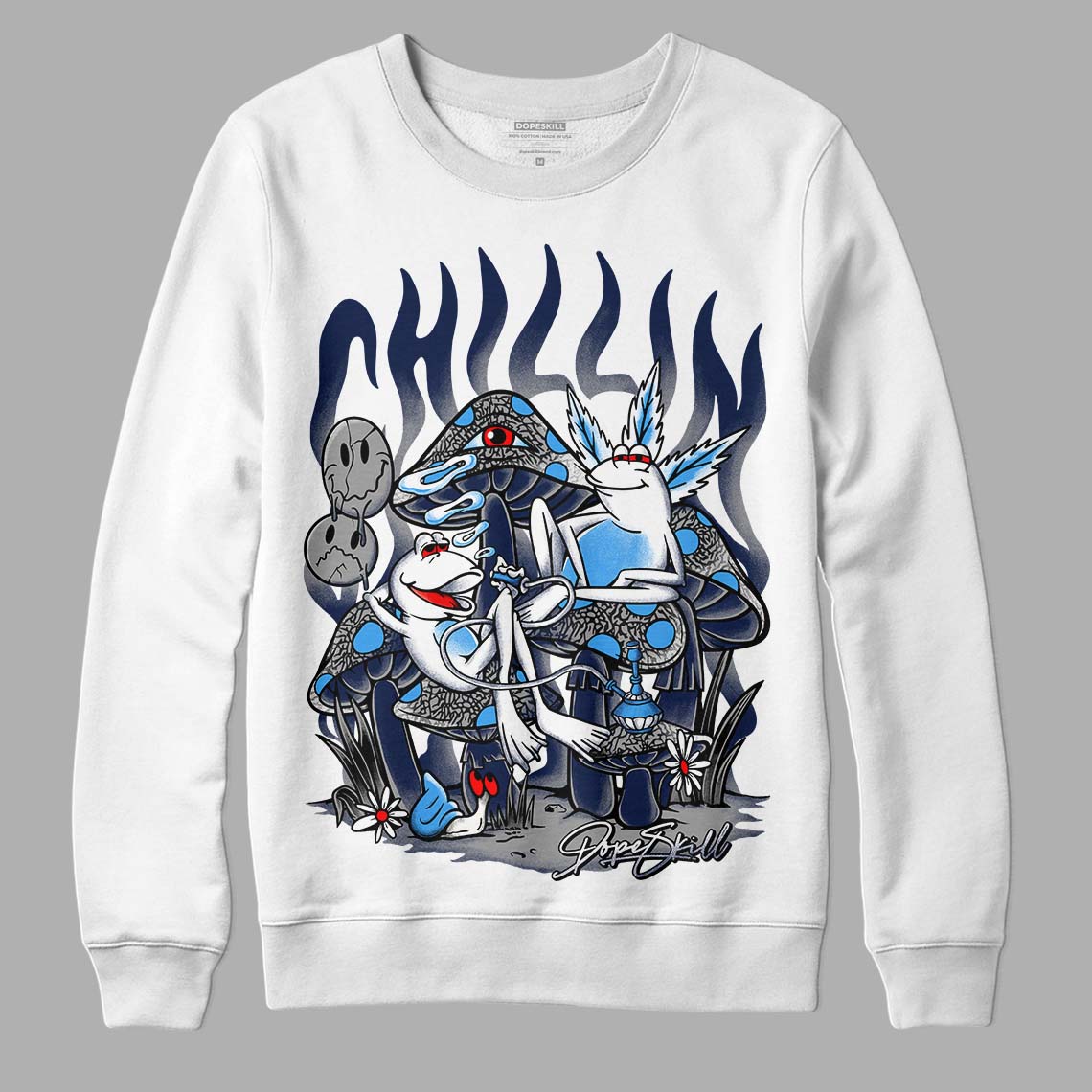 Jordan 3 "Midnight Navy" DopeSkill Sweatshirt Chillin Graphic Streetwear - White 