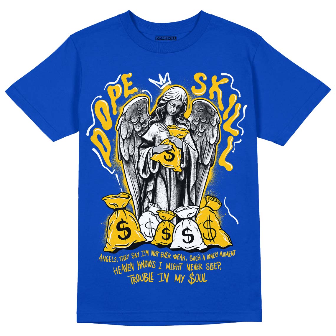 Jordan 14 “Laney” DopeSkill Varsity Royal T-shirt Angels Graphic Streetwear