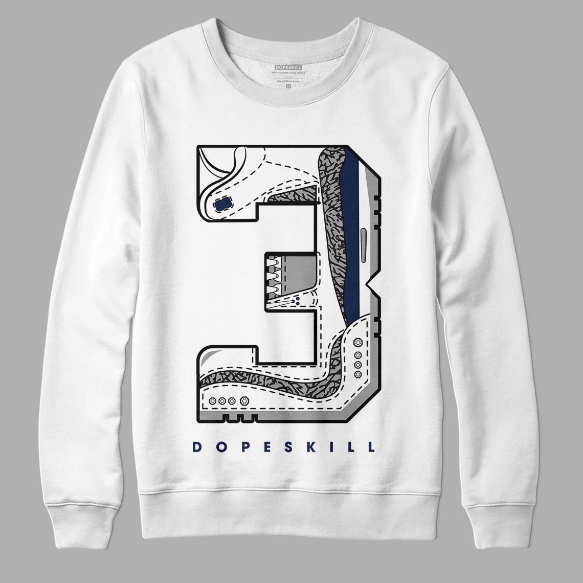 Jordan 3 "Midnight Navy" DopeSkill Sweatshirt No.3 Graphic Streetwear - White 