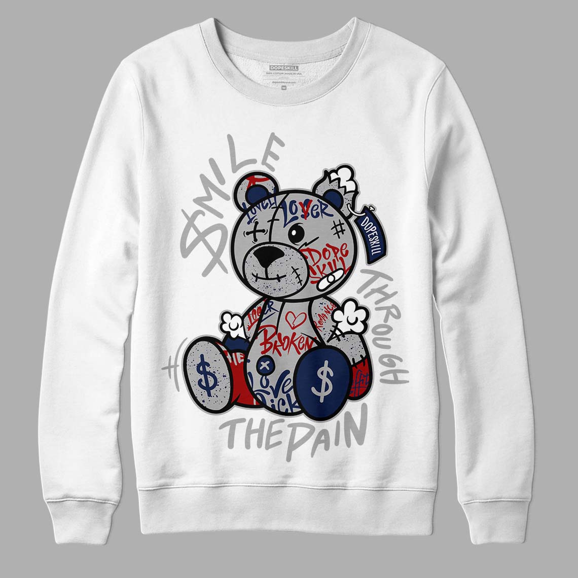 Jordan 4 Midnight Navy DopeSkill Sweatshirt Smile Through The Pain Graphic Streetwear  - White 