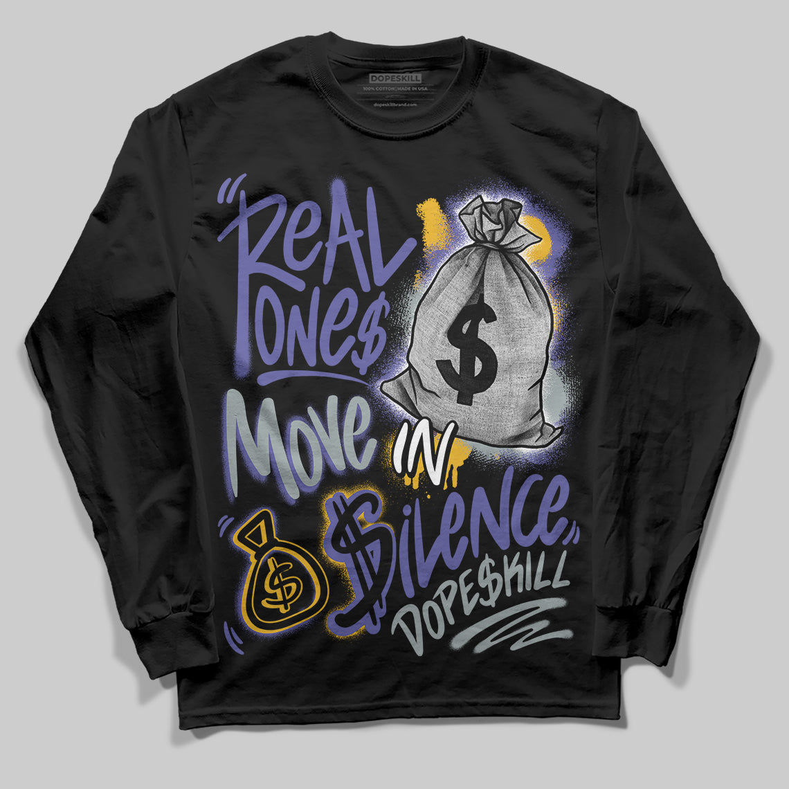 Jordan 4 Retro Lakers DopeSkill Long Sleeve T-Shirt Real Ones Move In Silence Graphic Streetwear - Black