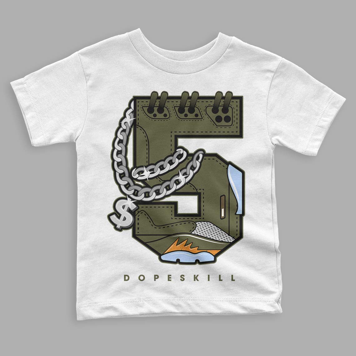 Jordan 5 "Olive" DopeSkill Toddler Kids T-shirt No.5 Graphic Streetwear - White 