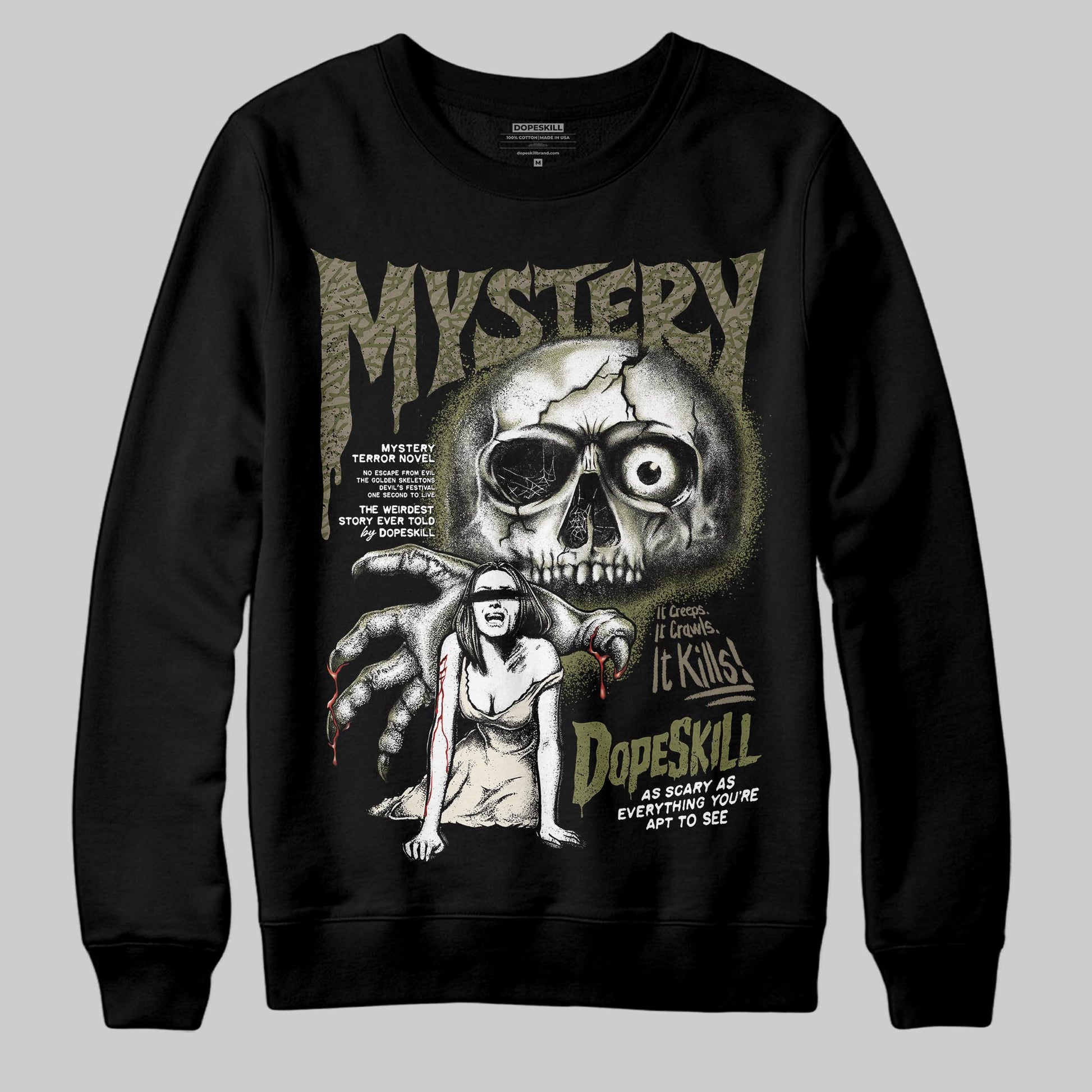 Jordan 3 “Medium Olive” aka “Family Affair” DopeSkill Sweatshirt Mystery Ghostly Grasp Graphic Streetwear - Black