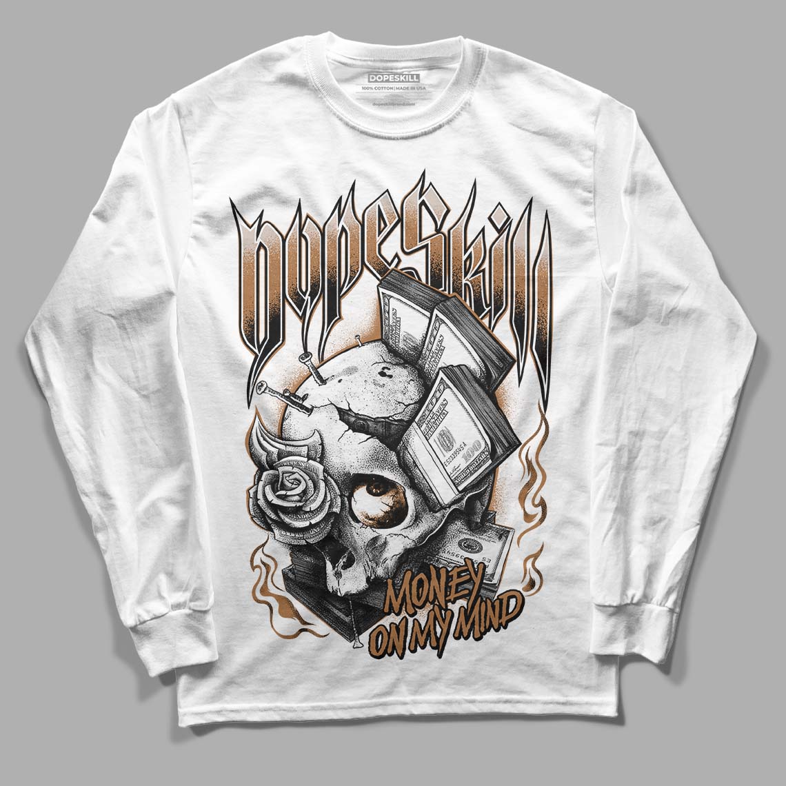 Jordan 3 Retro Palomino DopeSkill Long Sleeve T-Shirt Money On My Mind Graphic Streetwear - White