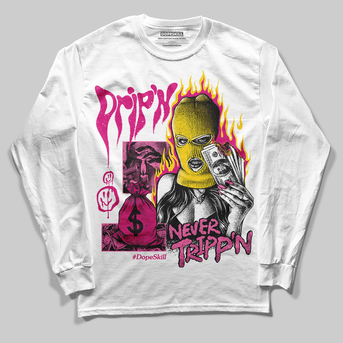 Rick Owens Pink Leather Low Sneakers DopeSkill Long Sleeve T-Shirt Drip'n Never Tripp'n Graphic Streetwear - White