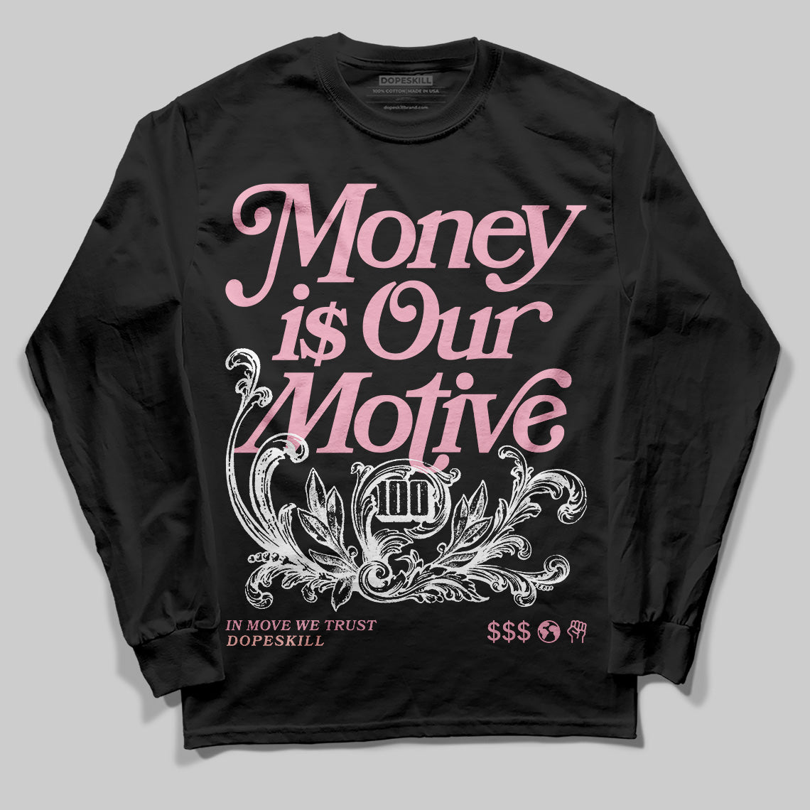 AMIRI White & Pink Stars Court Sneakers DopeSkill Long Sleeve T-Shirt Money Is Our Motive Typo Graphic Streetwear - Black