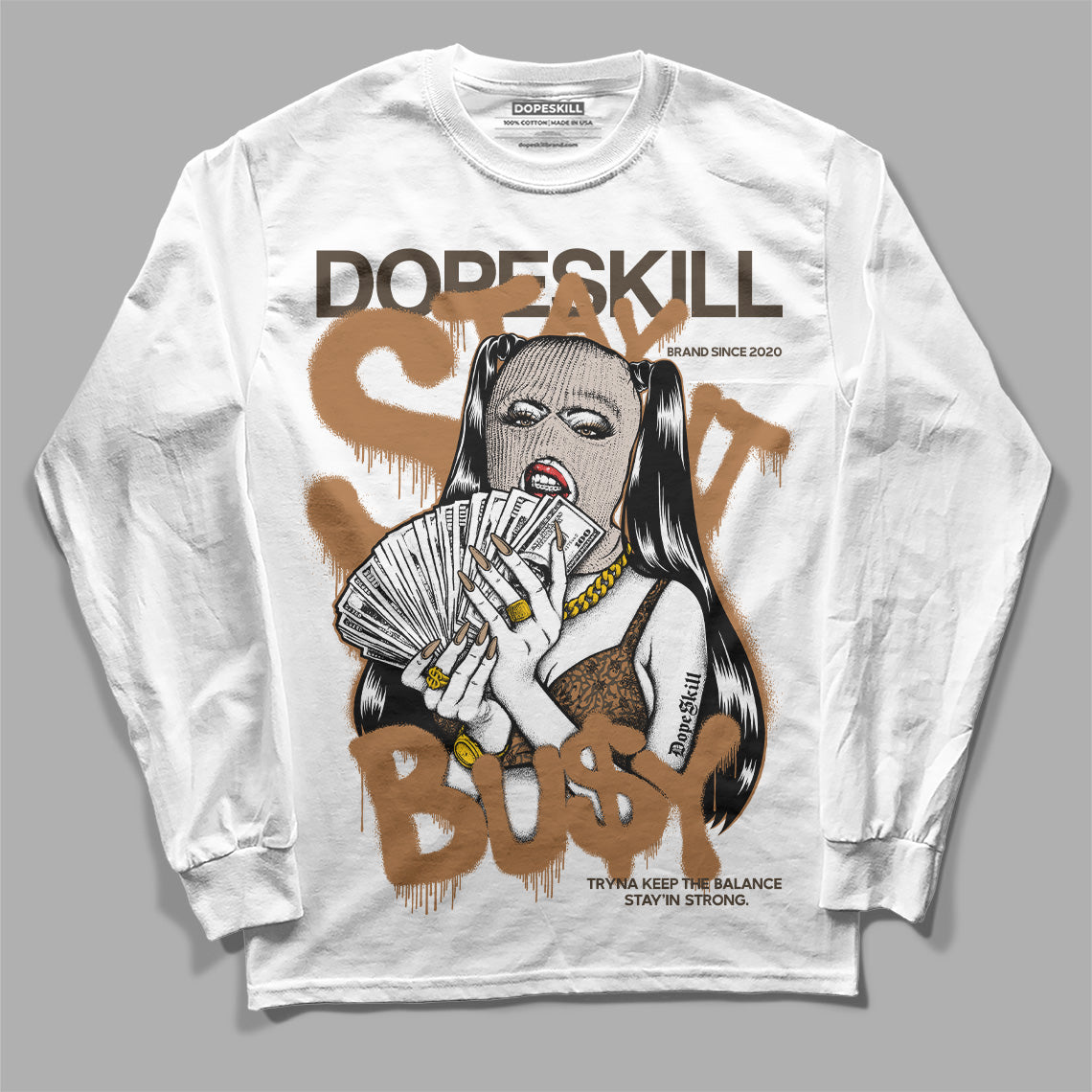 Jordan 3 Retro Palomino DopeSkill Long Sleeve T-Shirt Stay It Busy Graphic Streetwear - White