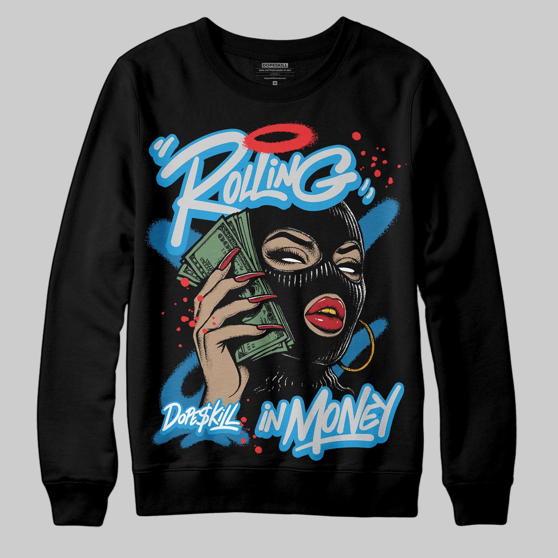 Jordan 4 Retro Military Blue DopeSkill Sweatshirt Rolling in Money Graphic Streetwear - Black
