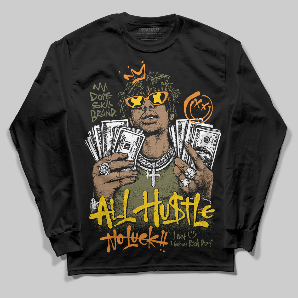 Olive Sneakers DopeSkill Long Sleeve T-Shirt All Hustle No Luck Graphic Streetwear - black