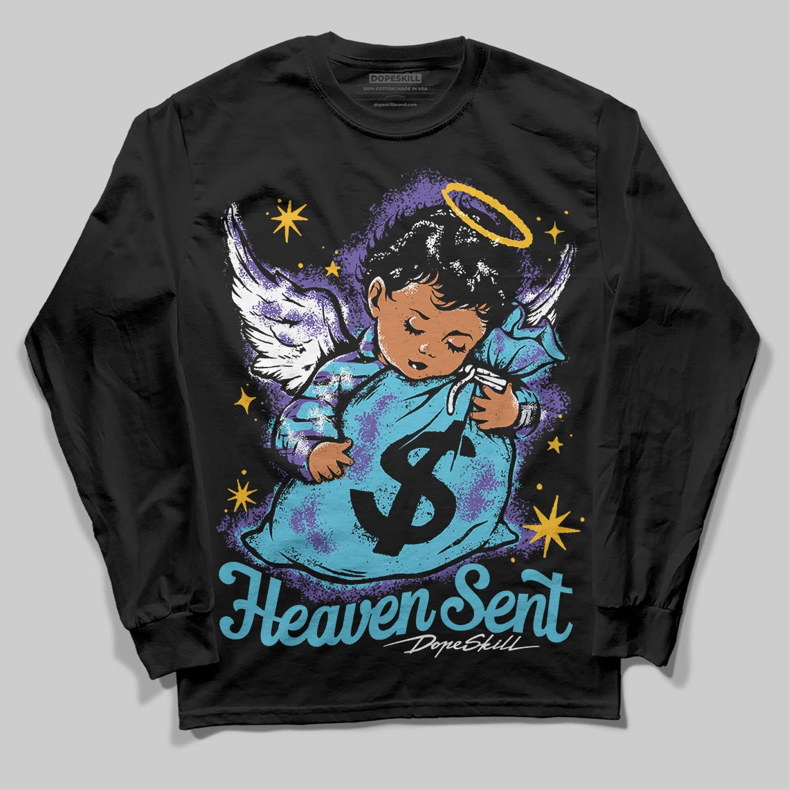 Jordan 8 Retro 'Aqua' 2025 DopeSkill Long Sleeve T-Shirt Heaven Sent Graphic Streetwear - Black
