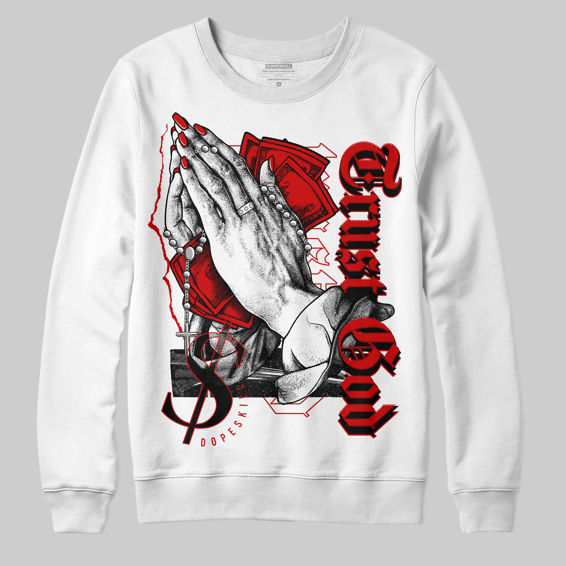 Jordan 1 Retro Low "Black Toe" DopeSkill Sweatshirt Trust God Graphic Streetwear - White